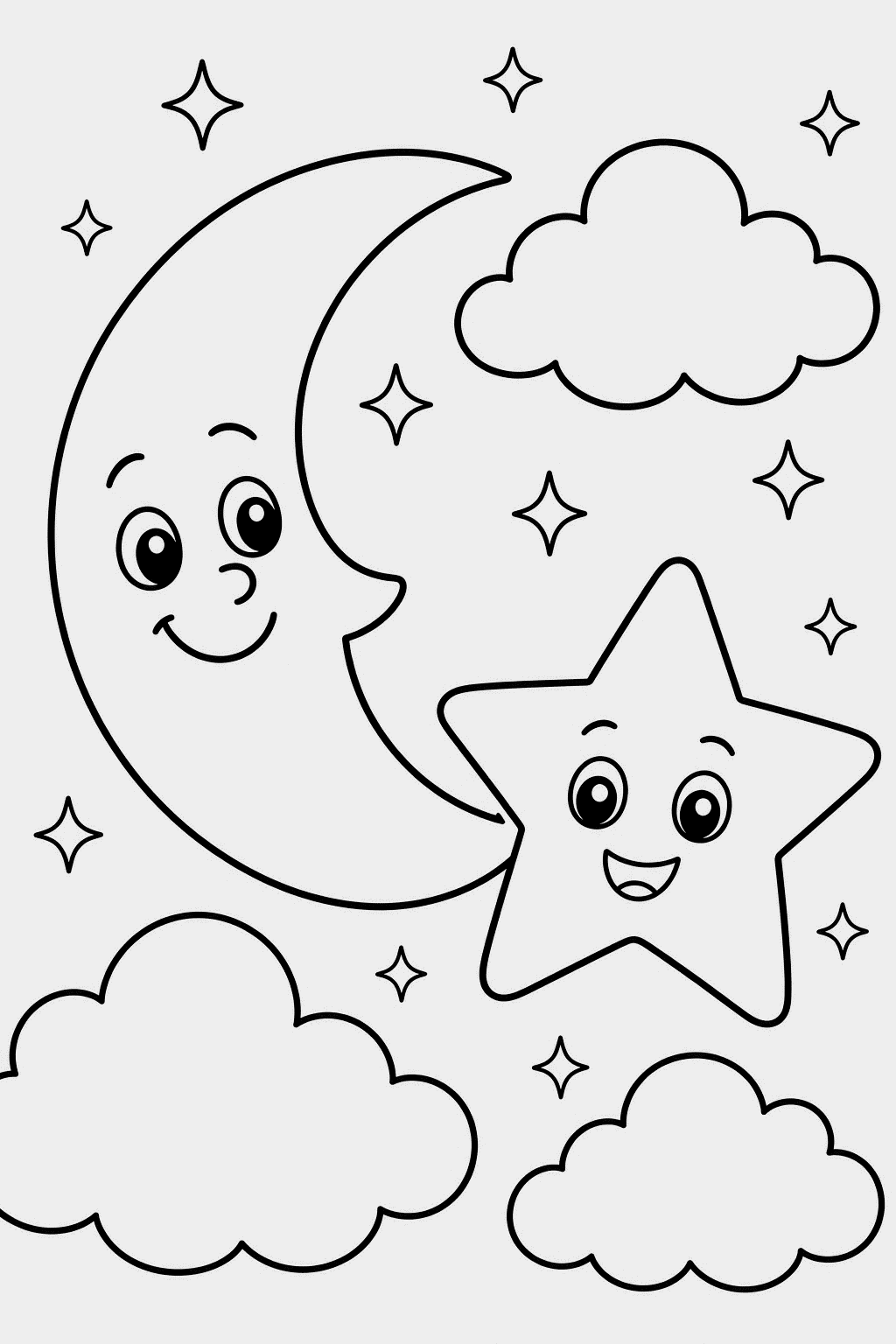 Sample coloring page: a smiling moon and star surrounded by clouds